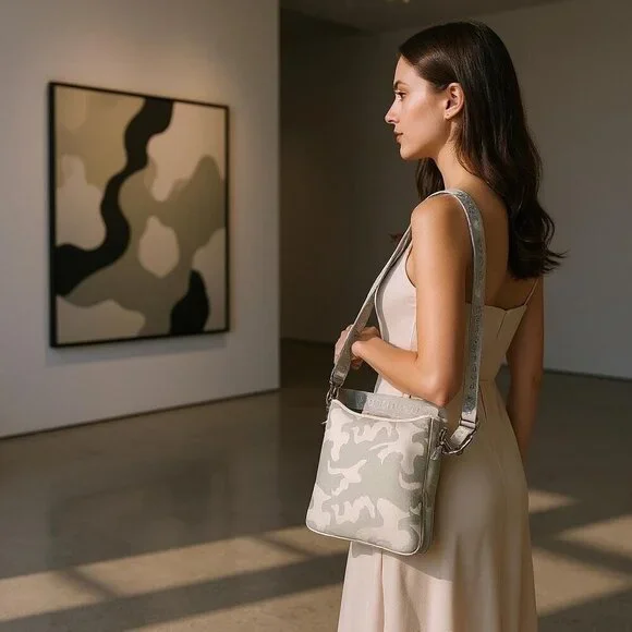 PreneLOVE Grey Camo Neoprene Crossbody Bag – Yellow Lining, Adjustable Strap - Picture 3 of 13